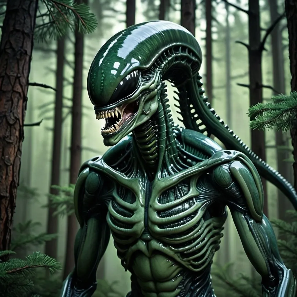 Prompt: Green xenomorph camouflaged amidst dense pine trees, eerie and menacing, alien creature, forest canopy casting dappled light, 4k ultra-detailed, eerie sci-fi, dark green hues, ominous shadows, detailed alien features, surreal, atmospheric lighting, sinister presence