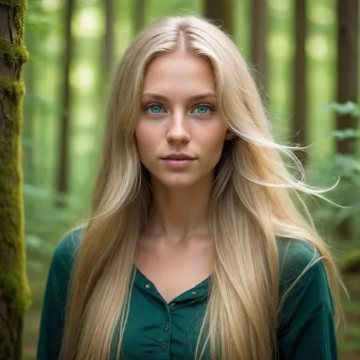 Prompt: Beautiful, young Swedish woman with long blonde hair, piercing green eyes, walking through a vibrant forest, high quality, realistic, natural lighting, detailed facial features, flowing hair, serene atmosphere, forest setting, elegant, peaceful, natural beauty, long hair, green eyes, forest walk