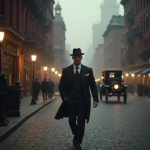 Prompt: A sharply dressed man in a tailored suit strides confidently down a cobblestone street in early 1900s New York City, his fedora tilted slightly to shield his eyes from the soft glow of gas lamps lining the sidewalks. The rich texture of his suit contrasts beautifully with the muted tones of the surrounding buildings, their red bricks catching the warm hues of twilight. A gentle fog rolls in, creating an air of mystery, as vintage horseless carriages pass by, their headlights flickering like fireflies. The scene is bathed in a cinematic lighting that emphasizes the nostalgic atmosphere, capturing the essence of a bygone era filled with ambition and innovation.