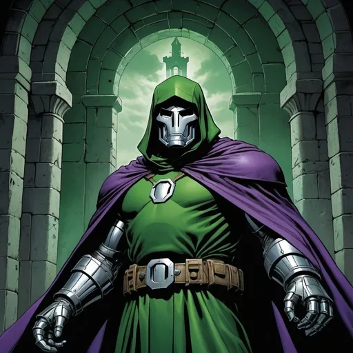 Prompt: Dr Doom in a castle turret, overlooking Latveria, highly detailed, comic book style, ominous and dark atmosphere, dramatic lighting, medieval architecture, menacing presence, imposing silhouette, metallic armor, purple and green color scheme, high quality, comic book style, detailed cape, brooding expression