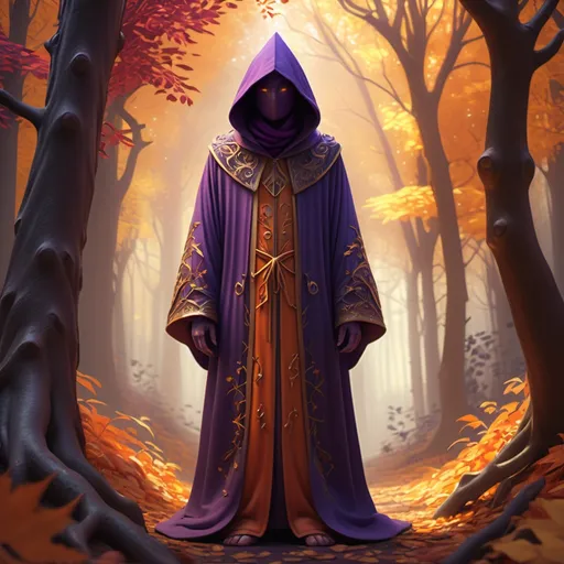 Prompt: (mysterious figure), wearing (purple pointed hood) and (robe), standing in an enchanting autumn forest, surrounded by (vibrant orange, red, and gold foliage), (dappled sunlight) filtering through the trees, (eerie yet captivating atmosphere), (intricate details), maintaining a (highly detailed, 4K) quality with a (sense of intrigue and magic).