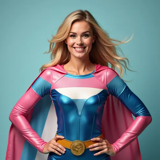 Prompt: Superhero transgender woman wearing transgender flag colours