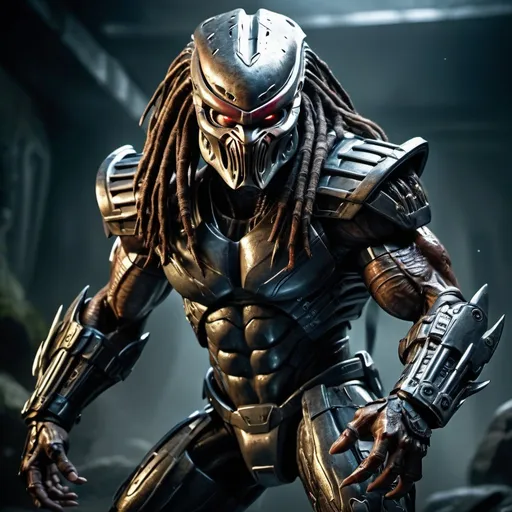 Prompt: Predator with gauntlet blades drawn, intense and focused gaze, ready to attack weak alien humanoid, sci-fi, detailed armor, menacing stance, futuristic setting, highres, ultra-detailed, action-packed, intense lighting, dark tones, professional, dynamic composition
