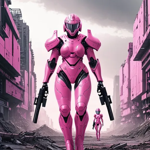 Prompt: Giant woman in pink body armour wearing helmet carrying small futuristic gun patrolling dystopian setting 