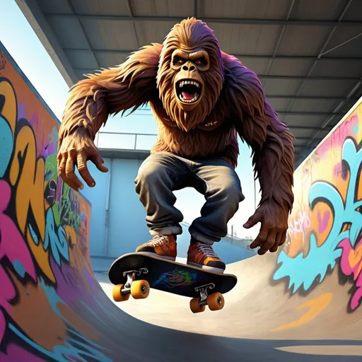Prompt: Sasquatch skateboarding in a half pipe, vibrant graffiti art, realistic 3D rendering, dynamic action, highres, urban, graffiti, skateboarder, detailed fur, professional, colorful lighting