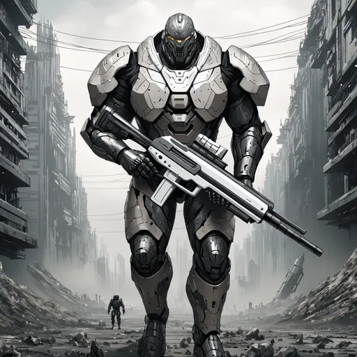 Prompt: Giant man with brown hair and brown eyes wearing grey black white camouflaged armour carrying futuristic rifle in dystopian setting 