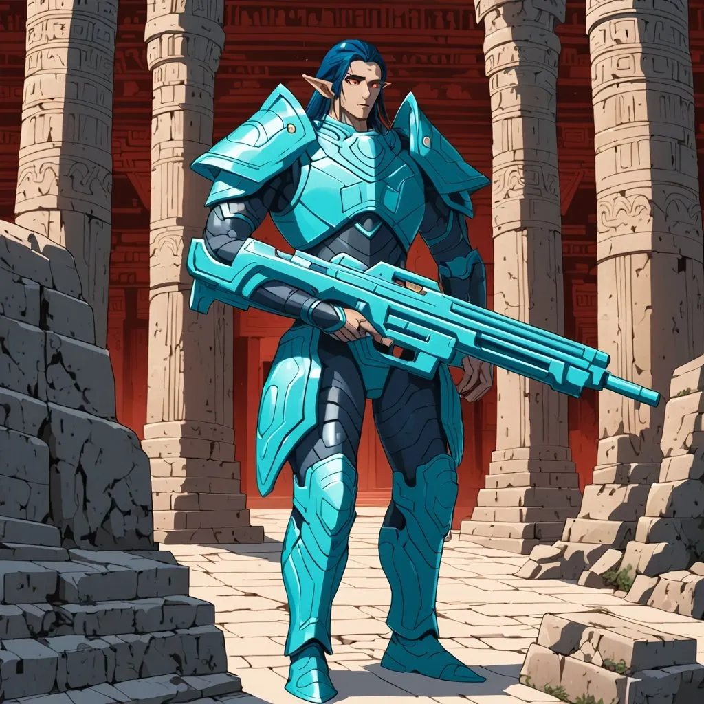 Prompt: Giant male elf with dark blue hair red eyes turquoise skin wearing turquoise body armour carrying futuristic shotgun in ancient stone temple 