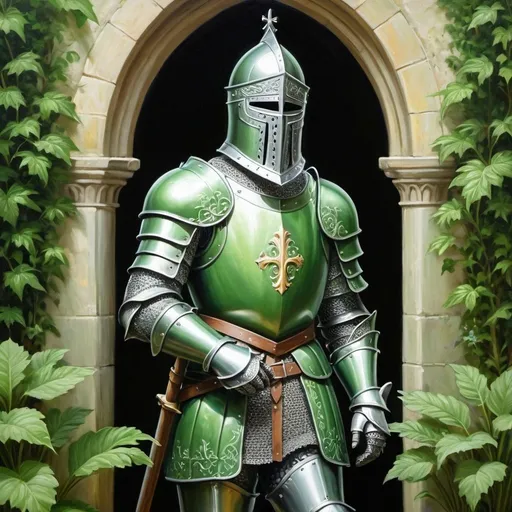 Prompt: Green medieval garden with a majestic green knight, lush foliage, serene atmosphere, high quality, oil painting, medieval, detailed armor, ornate helmet, historical, medieval, tranquil, lush greenery, vibrant colors, soft natural lighting