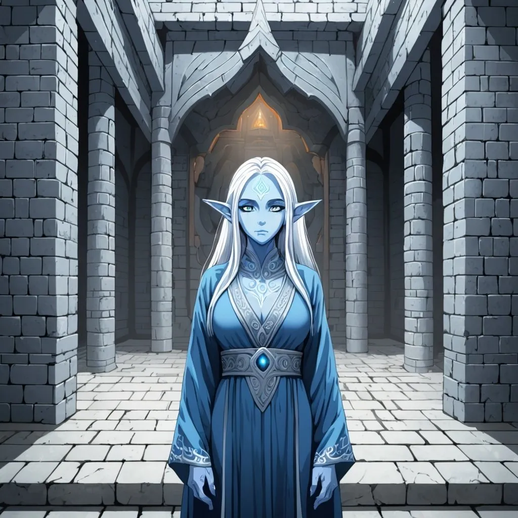 Prompt: Giant woman with white hair light blue skin and blue eyes and elf ears wearing long blue robe inside grey brick spiritual temple 