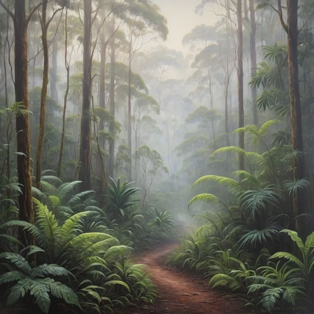 Prompt: Australian rainforest covered in early morning fog, traditional painting, lush green foliage, misty atmosphere, high quality, detailed, traditional, foggy morning, serene, nature, traditional art, peaceful, misty, morning light, forest, traditional painting, green tones, tranquil, atmospheric lighting