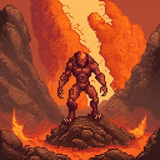 Prompt: Predator on lava world, digital illustration, fiery orange and red tones, intense heat and molten lava, detailed alien hunter with advanced armor, menacing and fierce stance, alien landscape with rocky terrain, smoke and steam rising from the ground, high quality, ultra-detailed, sci-fi, intense lighting