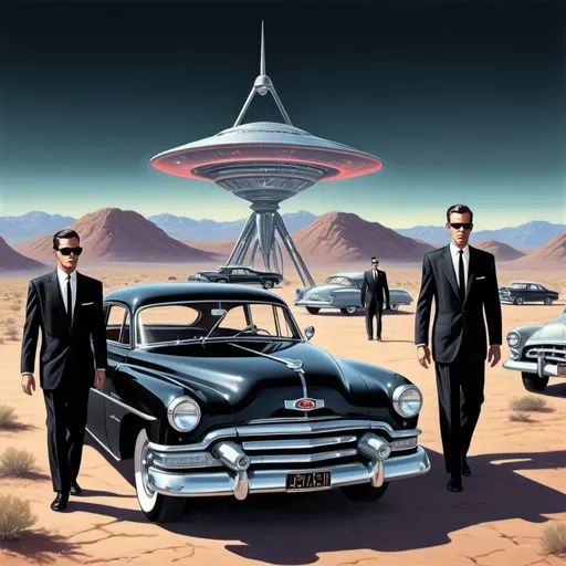 Prompt: 1950s Men In Black at Area 51, retro-futuristic illustration, vintage sci-fi style, iconic black suits, mysterious sunglasses, classic cars, desert landscape, high quality, detailed shading, retro-futurism, vintage, mysterious atmosphere, classic cars, desert landscape, iconic style, shadowy figures, ominous lighting