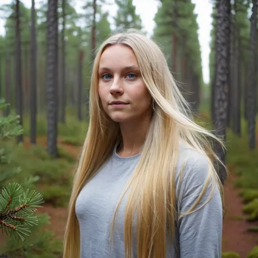 Prompt: Beautiful young Swedish woman with long blonde hair walking through pine forest 