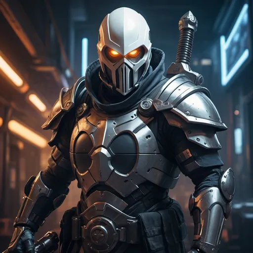 Prompt: Taskmaster with sword and shield, futuristic setting, detailed armor and weapons, high-tech cyberpunk style, intense and focused gaze, professional illustration, cool tones, atmospheric lighting, best quality, highres, ultra-detailed, cyberpunk, detailed weapons, detailed armor
