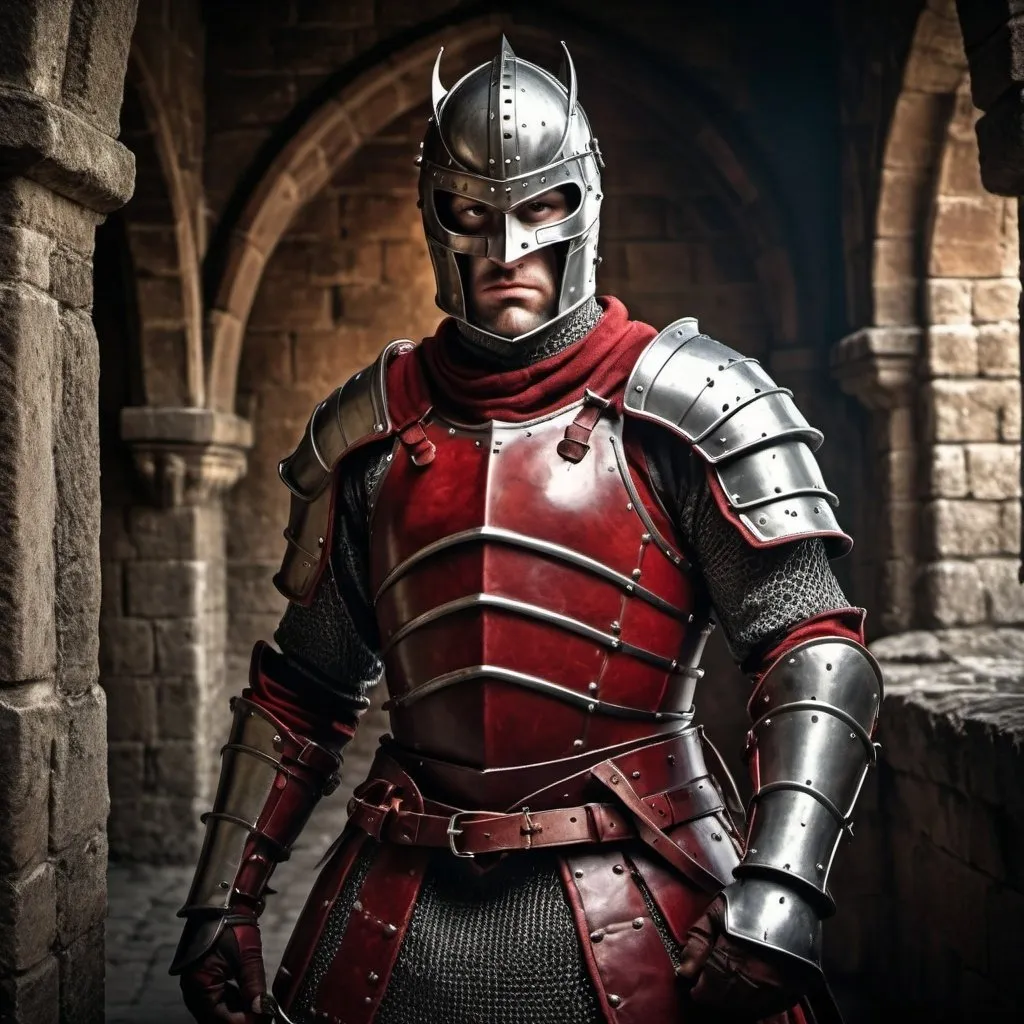 Prompt: Daredevil knight in medieval armor, leather and metal materials, intricate helmet design, battle-ready stance, medieval castle backdrop, intense and determined expression, high definition, medieval art style, dark and moody tones, dramatic lighting, red accent color, detailed armor, medieval setting, heroic, medieval, detailed expression, intense lighting