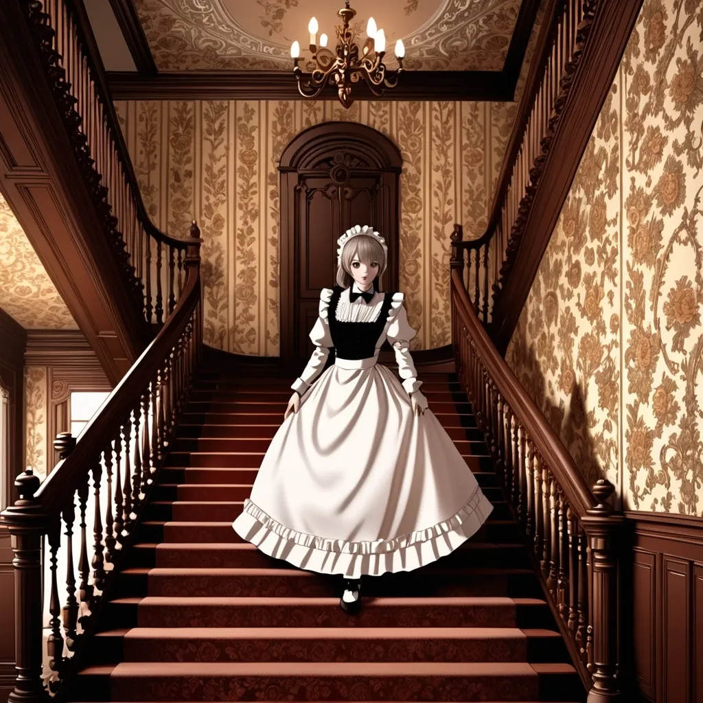 Prompt: (femboy maid) walking gracefully down an ornate stairwell in a (Victorian mansion), intricate woodwork and rich wallpaper in the background, (elegant) lighting casting soft shadows, creating a whimsical and enchanting ambiance, detailed attire with frills and lace, muted colors enhanced by warm, inviting tones, (ultra-detailed), charming and (captivating atmosphere).