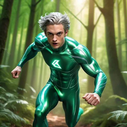 Prompt: Quicksilver running at hyper speed through forest, vibrant green outfit, dynamic motion blur, detailed surroundings, high quality, 3D rendering, superhero, intense speed, lush greenery, forest scenery, vibrant colors, action-packed, dynamic lighting