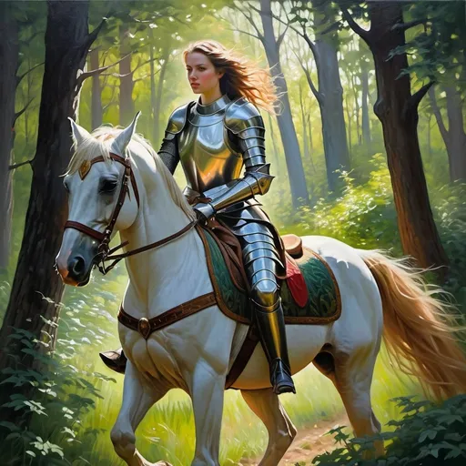 Prompt: Female knight riding horse through forest, oil painting, medieval fantasy, vibrant colors, lifelike details, dynamic composition, high quality, realistic, medieval fantasy, lush greenery, sunlight filtering through trees, elegant armor, majestic steed, determined expression, intricate horse tack, dramatic lighting