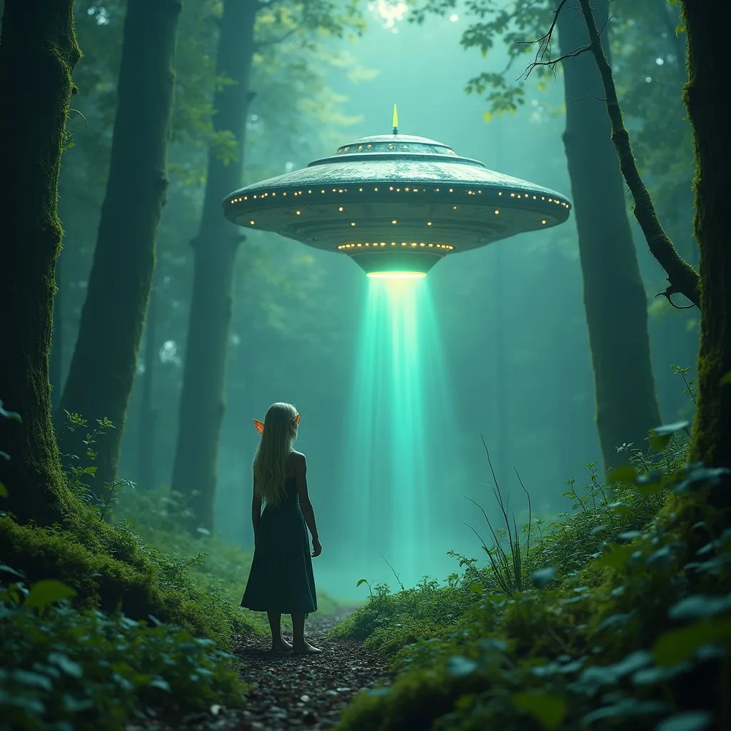 Prompt: Elf standing vigilant, guarding a landed UFO, mystical forest backdrop, dense trees, ethereal mist rising, enchanting light filtering through foliage, low-angle view for drama, bright green tones contrasted with cool blues, high detail, vivid colors, ultra-detailed, magical ambiance, sense of mystery, fantasy atmosphere, otherworldly elements intertwined, surreal lighting, captivating scene.