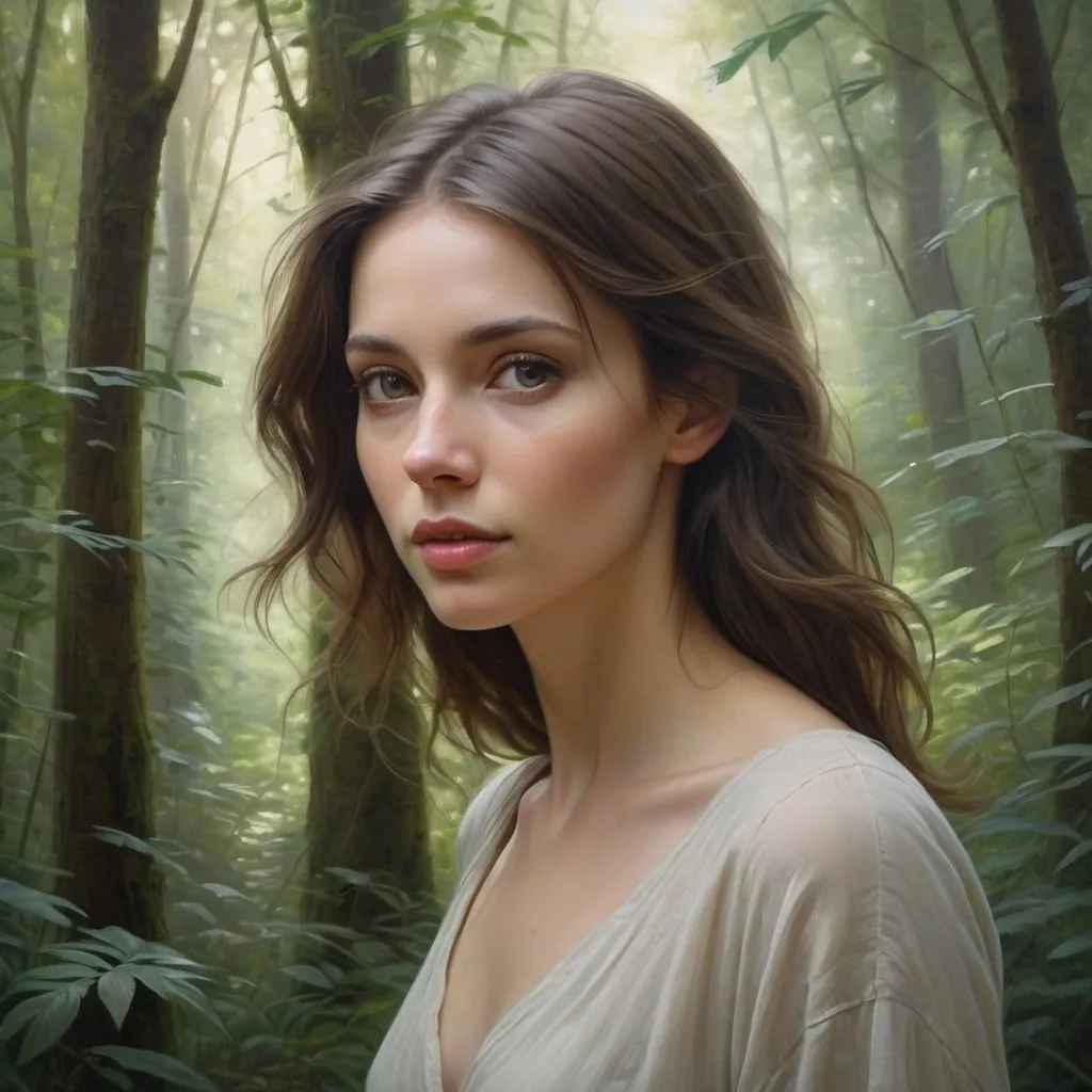 Prompt: Beautiful pale brunette woman walking through a lush forest, serene atmosphere, detailed facial features, high-definition, realism, oil painting, ethereal, soft lighting, peaceful, nature, detailed hair, elegant, thin, alone, facing viewer, professional