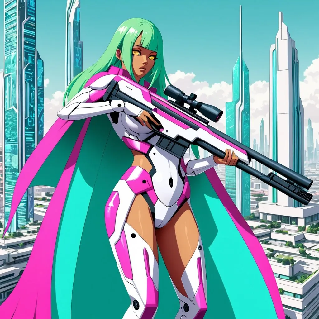 Prompt: Giant woman green hair yellow eyes hot pink skin white body armour turquoise cape holding futuristic sniper rifle in utopian city