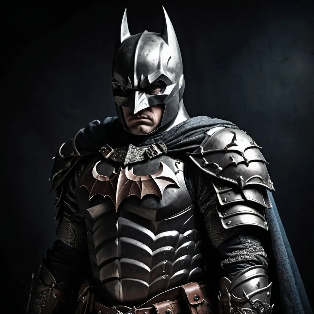 Prompt: Medieval Knight Batman, detailed armor with bat motifs, imposing and heroic stance, high quality, medieval fantasy, dramatic lighting, dark and moody tones