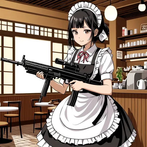 Prompt: Beautiful Japanese maid carrying machine gun in cafe