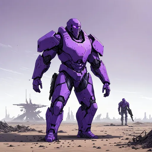 Prompt: Giant man in full purple body armour carrying futuristic rifle in desolate wasteland 