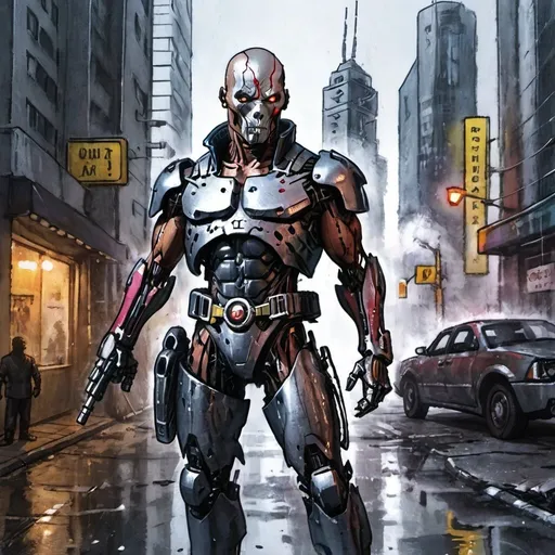 Prompt: Deathlok dual-wielding futuristic guns, gritty urban city streets, cybernetic enhancements, intense and focused gaze, high-tech armor, futuristic skyscrapers in the background, detailed robotic parts with cool reflections, dramatic and gritty atmosphere, best quality, highres, ultra-detailed, cyberpunk, futuristic, intense, gritty, detailed robotic parts, urban setting, professional, dramatic lighting