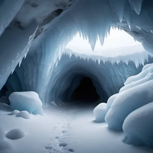 Prompt: Snow cave, icy blue and white tones, detailed snow textures, mystical and serene atmosphere, high quality, 4k resolution, fantasy, detailed ice crystals, serene, soft lighting, peaceful, winter wonderland, serene, tranquil, detailed snow formations, professional, atmospheric lighting