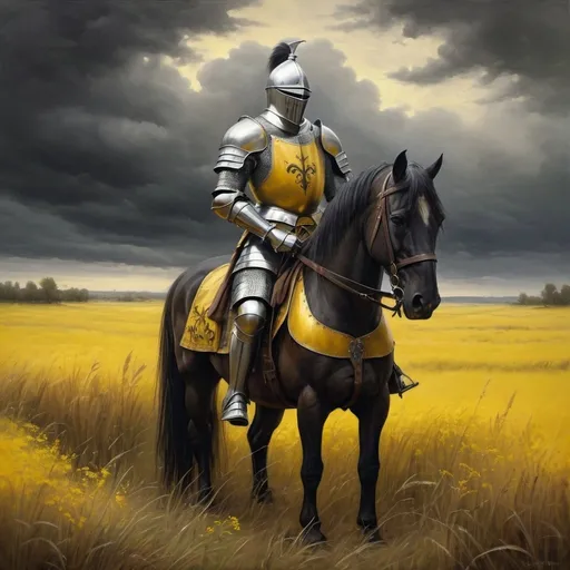 Prompt: Solemn knight in a yellow meadow, gloomy sky, realistic oil painting, detailed armor, tall grass swaying, ominous atmosphere, high quality, medieval, warm lighting, somber mood, majestic, realistic, detailed landscape, historical, noble, traditional art, melancholic undertones