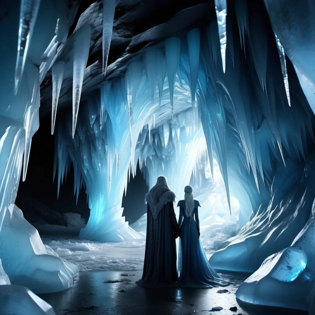 Prompt: (Evil Ice King and Evil Ice Queen), inside a mystical (ice cave), luminous blue and silver hues, dramatic icy formations, shimmering crystal textures, moody and chilling atmosphere, sinister expressions, atmospheric haunting glow, sharp icicles and frosted walls, captivating details, stunningly high quality, (4K), ultra-detailed, magical yet ominous backdrop, spectral ice light reflecting off surfaces.