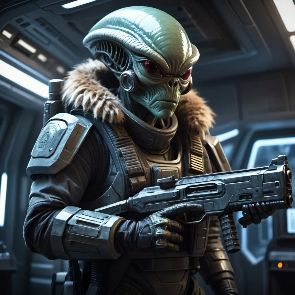 Prompt: Hairy alien bounty hunter, heavy laser rifle, spacecraft interior, futuristic armor, ammunition, intense and focused gaze, alien technology, high tech, detailed fur and skin texture, professional, atmospheric lighting, sci-fi, futuristic, cool tones, highres, ultra-detailed