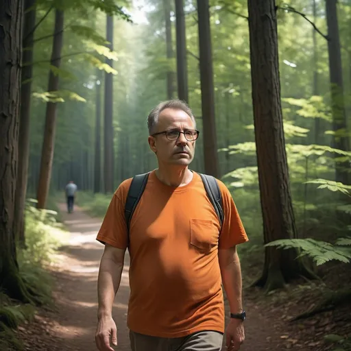 Prompt: Depressed middle-aged man in glasses, walking on forest path, tall trees, natural light filtering through leaves, detailed facial expression, high quality, realistic, naturalistic, forest, melancholic, detailed surroundings, orange t-shirt, reflective glasses, shaded pathway, somber atmosphere