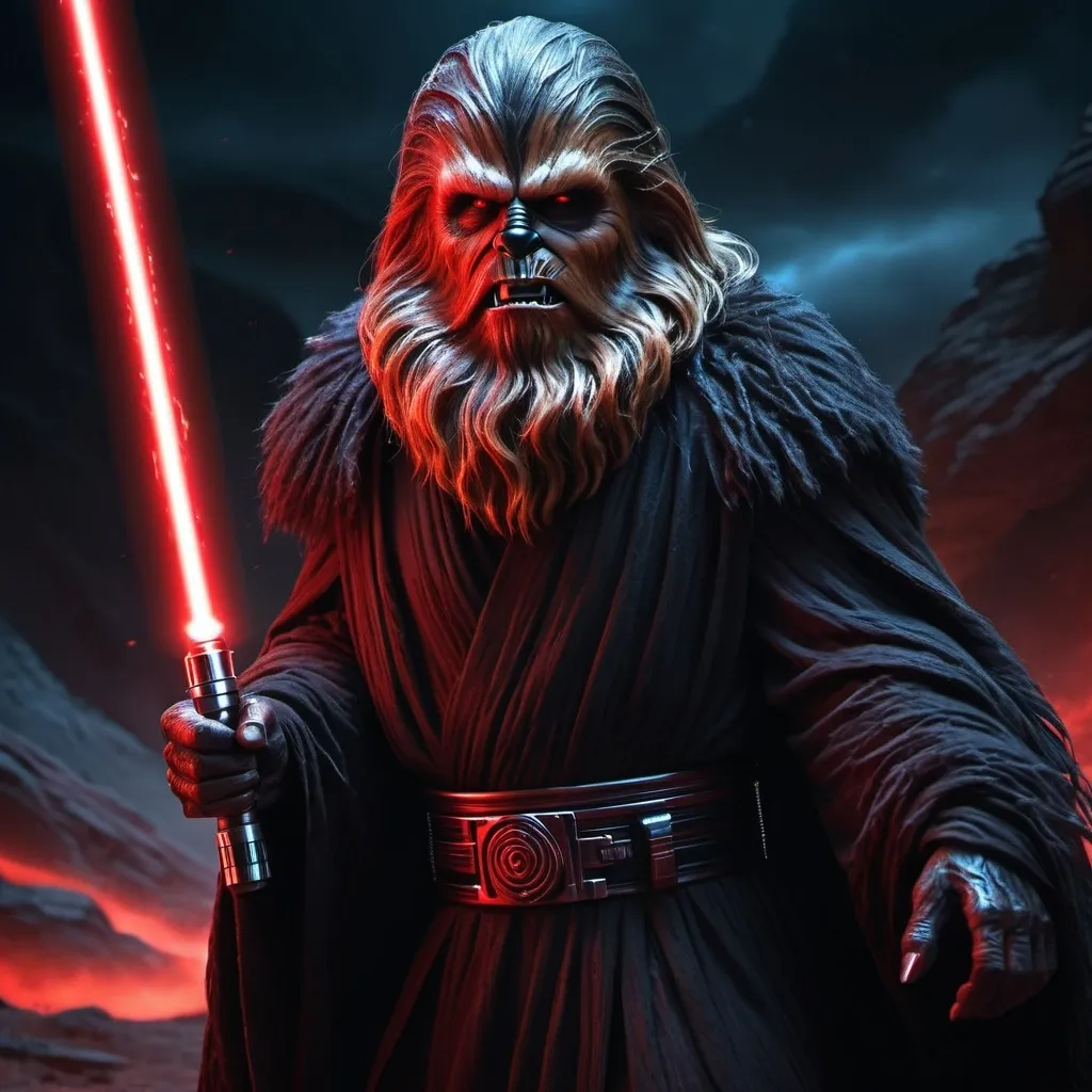 Prompt: (Evil Sith Lord Wookie), imposing figure, dark flowing robes, glowing red lightsaber, fierce expression, powerful stance, intricate fur details, menacing eyes, dramatic shadowing, cinematic lighting, intense atmosphere, contrasting dark and bright colors, otherworldly background, hints of a battle-torn landscape, (highly detailed), (4K), fantasy sci-fi theme.