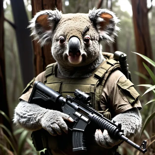 Prompt: Mutant koala in army fatigues and body armor, carrying machine gun in Australian bush, post-apocalyptic setting, gritty and realistic, intense and dark lighting, detailed fur and muscles, high quality, gritty realism, post-apocalyptic, mutant koala, army fatigues, body armor, machine gun, Australian bush, detailed fur, intense lighting, dark atmosphere, realistic