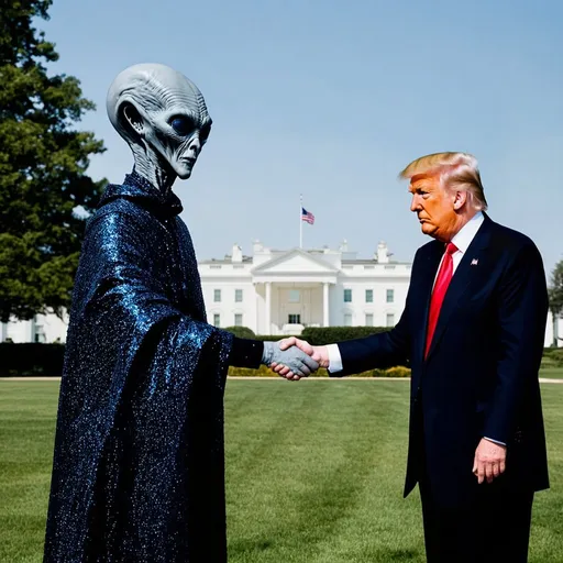 Prompt: Grey Alien wearing sparkling long cloak shaking hands with Donald Trump, White House lawn, 4k, ultra-detailed, realistic, surreal, cool tones, professional lighting, detailed features, futuristic, political, extraterrestrial, formal attire, cosmic ambiance