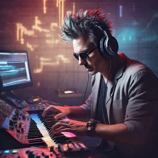 Prompt: Handsome man in his mid 40s with spiky hair wearing headphones, playing a synthesizer, digital art, professional musician, detailed facial features, high quality, realistic, modern, cool lighting, professional studio setup, edgy vibe, intense musical expression, dynamic, detailed hands, contemporary style, atmospheric lighting