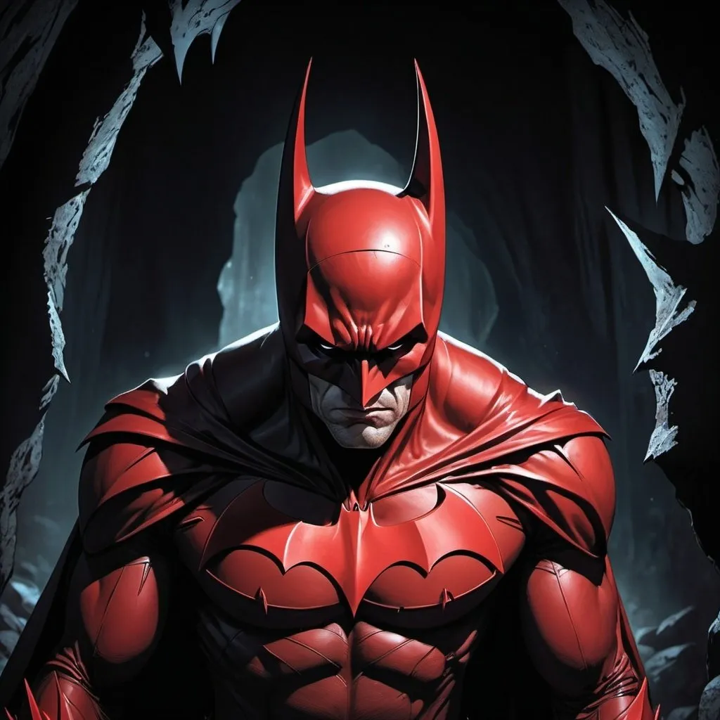 Prompt: Batman with long, sharp, pointy ears, all red suit with sharp teeth, inverted pentagram on chest, sharp claws, inside cave, highres, detailed, dark, gothic, comic book style, red tones, atmospheric lighting, menacing atmosphere