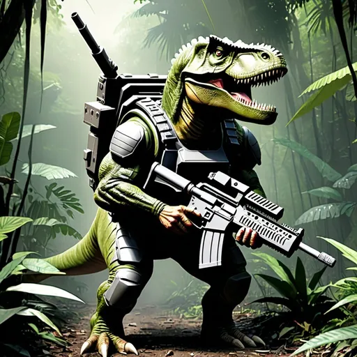 Prompt: Dinosaur commando wearing body armour carrying heavy machine gun in jungle 