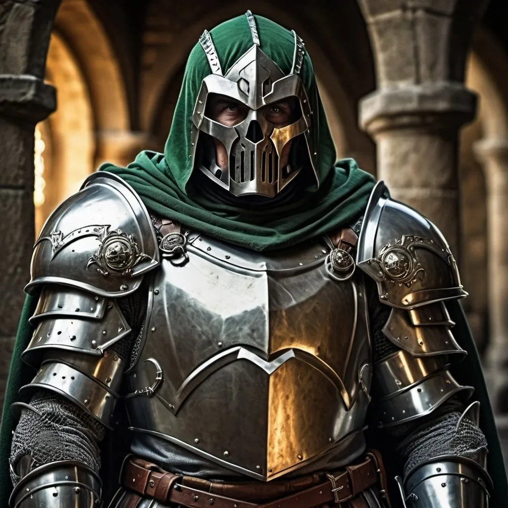 Prompt: Dr Doom in medieval knight's armor, medieval setting, detailed armor, intense gaze, high-res, detailed, medieval, fantasy, knight, professional, atmospheric lighting