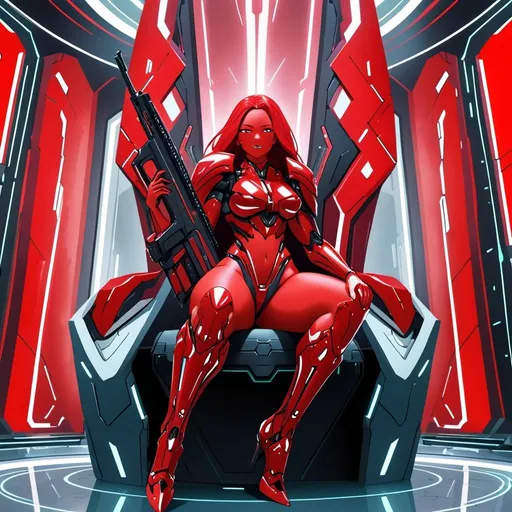 Prompt: Giant woman with red hair red skin wearing red body armour carrying futuristic rifle in futuristic throne room 