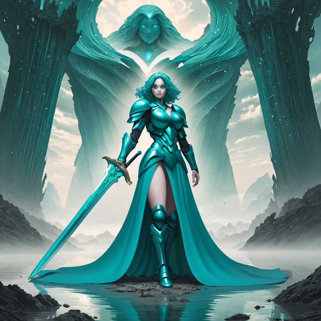 Prompt: Giant woman with teal hair teal eyes and teal body armour holding sword in otherworldly setting 