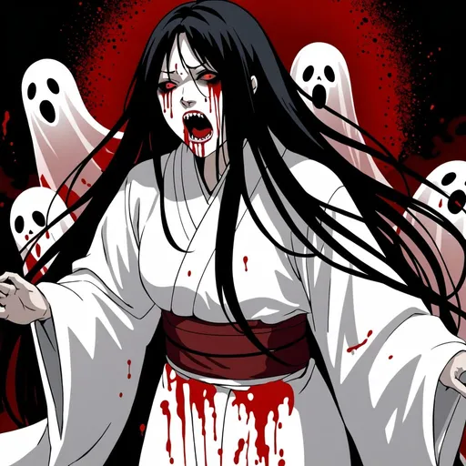 Prompt: Japanese ghost with long black hair wearing white robes with blood coming from mouth