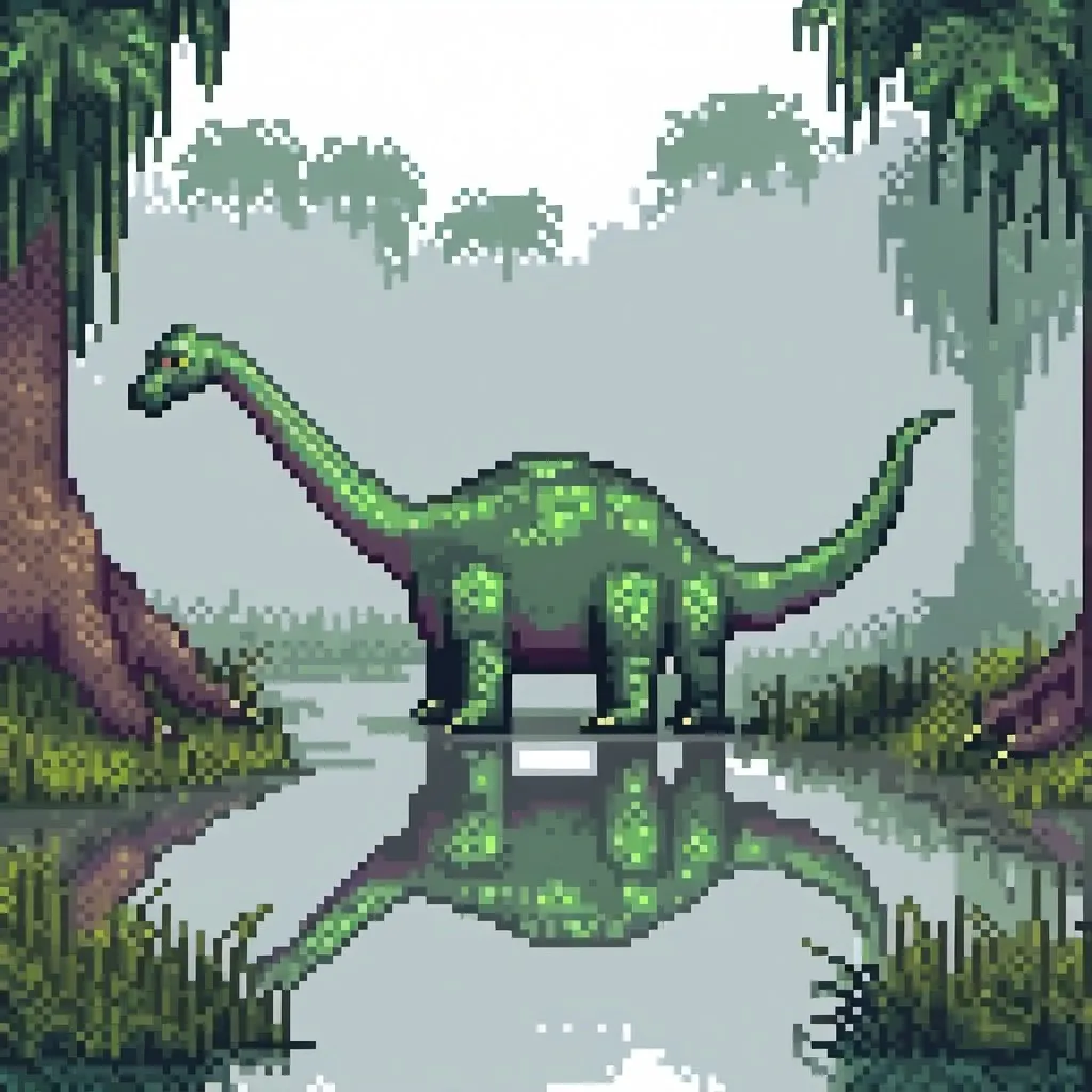 Prompt: Brontosaurus in swamp, realistic digital painting, misty atmosphere, detailed scales and textures, murky water, dense vegetation, prehistoric, high quality, realistic, swampy, misty, detailed scales, lifelike, atmospheric lighting