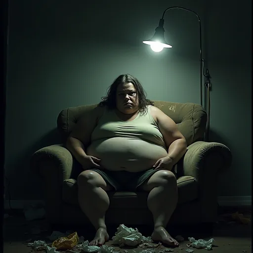 Prompt: A somber, shadowy room illuminated by a single flickering overhead light casts an unsettling glow on a morbidly obese woman. Her greasy hair hangs in unkempt strands around her face, framing pasty skin that speaks of neglect and an arduous past. The weight of her presence is palpable, as she sits slouched on a tattered, faded couch, her big nose accentuating her weary expression. Her lips part slightly to reveal uneven, jagged teeth that hint at forgotten smiles long lost. Strewn about her are remnants of a chaotic life—empty food wrappers and forgotten memories—all while a haunting, melancholic atmosphere permeates the air. The scene is rendered in gritty, dark realism, evoking a sense of empathy and reflection on the struggles of her journey.