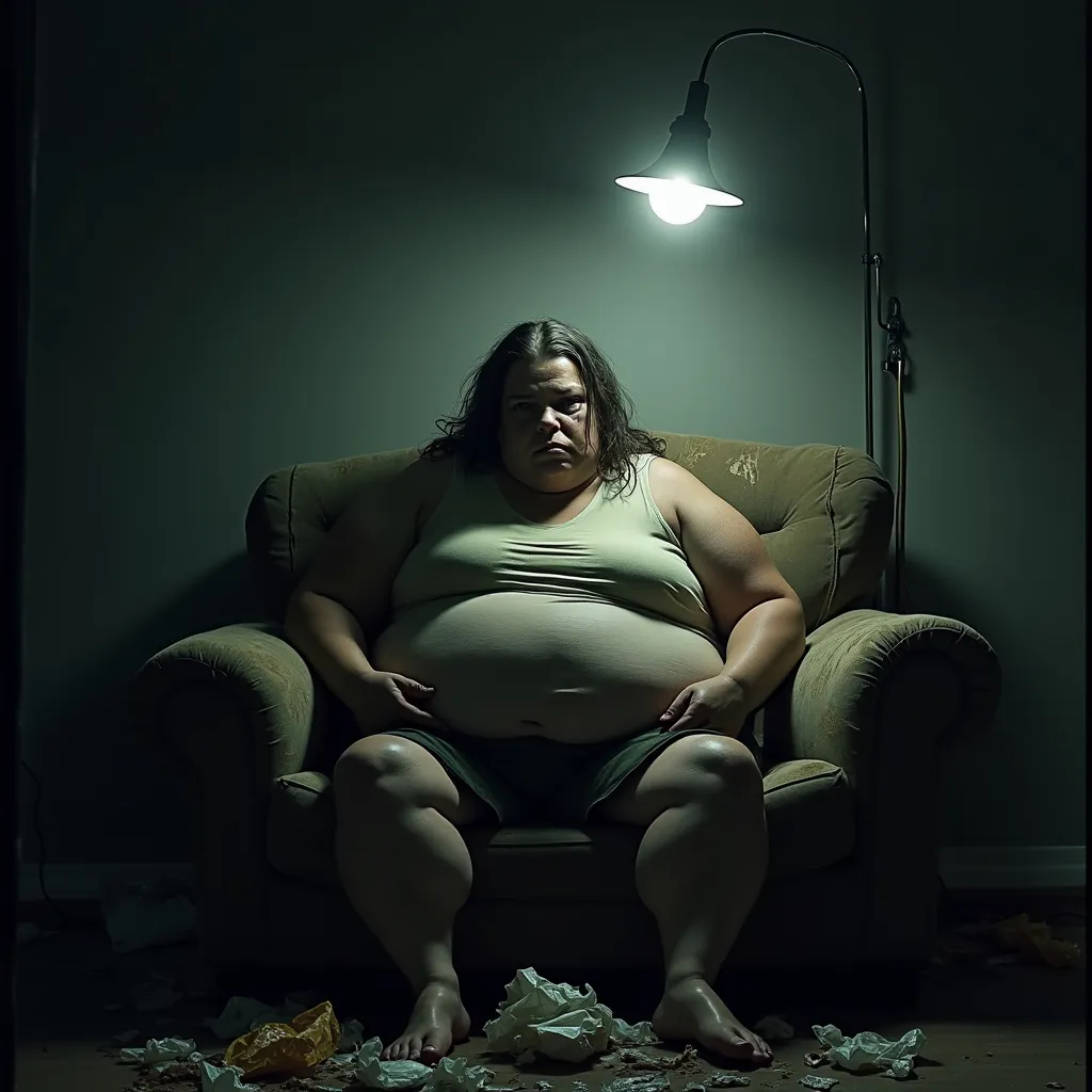 Prompt: A somber, shadowy room illuminated by a single flickering overhead light casts an unsettling glow on a morbidly obese woman. Her greasy hair hangs in unkempt strands around her face, framing pasty skin that speaks of neglect and an arduous past. The weight of her presence is palpable, as she sits slouched on a tattered, faded couch, her big nose accentuating her weary expression. Her lips part slightly to reveal uneven, jagged teeth that hint at forgotten smiles long lost. Strewn about her are remnants of a chaotic life—empty food wrappers and forgotten memories—all while a haunting, melancholic atmosphere permeates the air. The scene is rendered in gritty, dark realism, evoking a sense of empathy and reflection on the struggles of her journey.