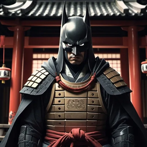 Prompt: Samurai Batman with white eyes, standing at a Japanese shrine, detailed armor and cloak, high quality, digital painting, Japanese traditional art style, dark and moody tones, atmospheric lighting, detailed facial expression, brooding and intense presence, traditional architecture, serene and mystical atmosphere