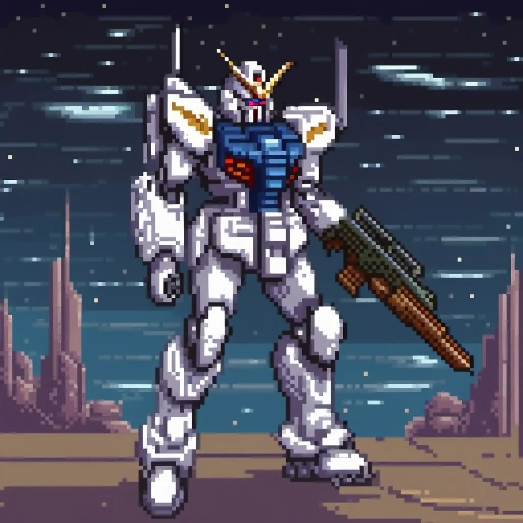 Prompt: Gundam mecha pilot wielding a futuristic rifle, space setting, high-tech armor with sleek design, intense battle atmosphere, detailed mecha with cool reflections, starry sky background, best quality, highres, ultra-detailed, sci-fi, futuristic, space, mecha, detailed design, intense atmosphere, sleek design, professional, dramatic lighting