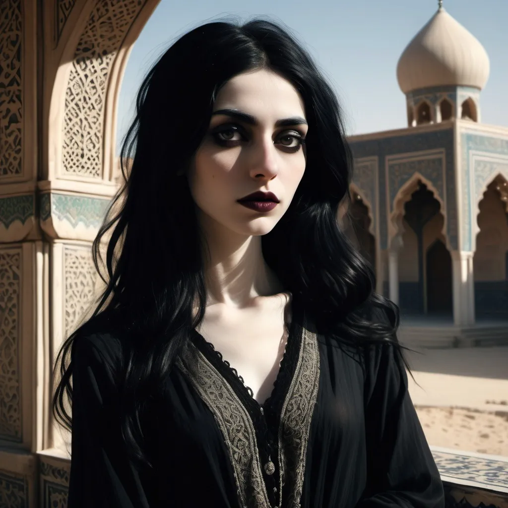 Prompt: Gothic (emaciated transgender woman), pale skin, (long wavy black hair), set in a hauntingly beautiful Iranian landscape, dramatic shadows and light contrasts, intricate traditional Persian architecture in the background, moody ambiance, ethereal and melancholic vibe, captivating expression, elegant dark clothing reflecting Gothic style, ultra-detailed, cinematic atmosphere, rich textures.